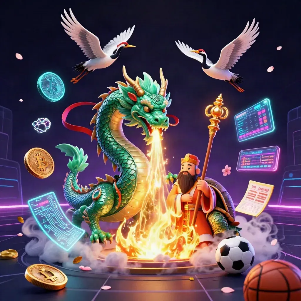 Emerald dragon, turtle sage and cranes amid golden fire, coins and neon esports effects.