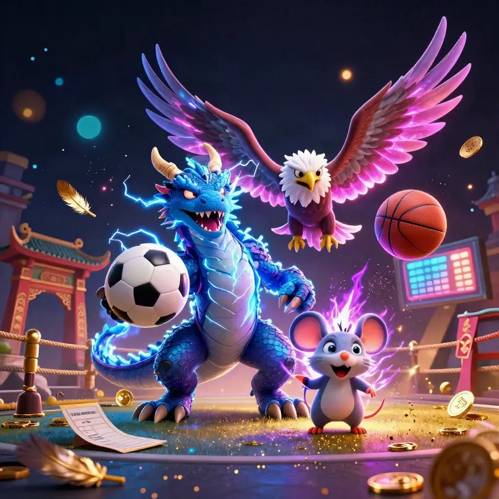 Ground-level fantasy sports tile with lightning dragon, hawk, mouse, balls, temple gate and sparks.