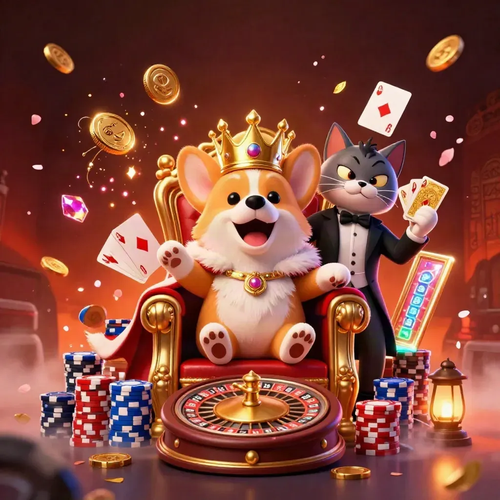 Crowned corgi king and cat butler amid chips, coins, gems, cards, and neon casino glow.