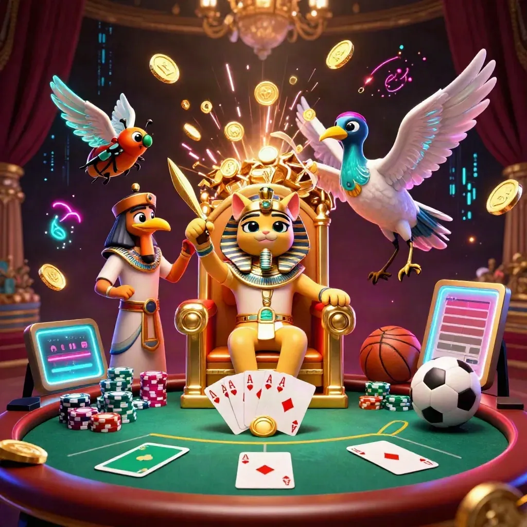 Pharaoh cat, ibis scribe and scarabs amid poker chips, coins, fireworks and neon casino glow.
