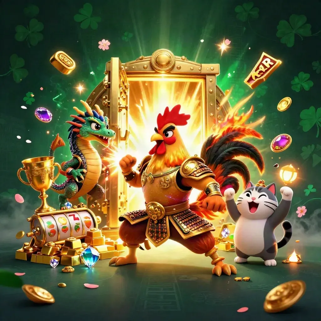Rooster warrior, dragon hatchling, and fortune cat amid vault loot and neon casino glow.